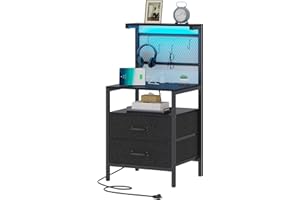 TRIFEBLE Tall Nightstand with Charging Station and LED Lights, Night Stand with Fabric Drawers, Bedside Table 36.4 Inch with Storage Shelves, Side Table, Mesh Shelves with Metal Hooks, Black