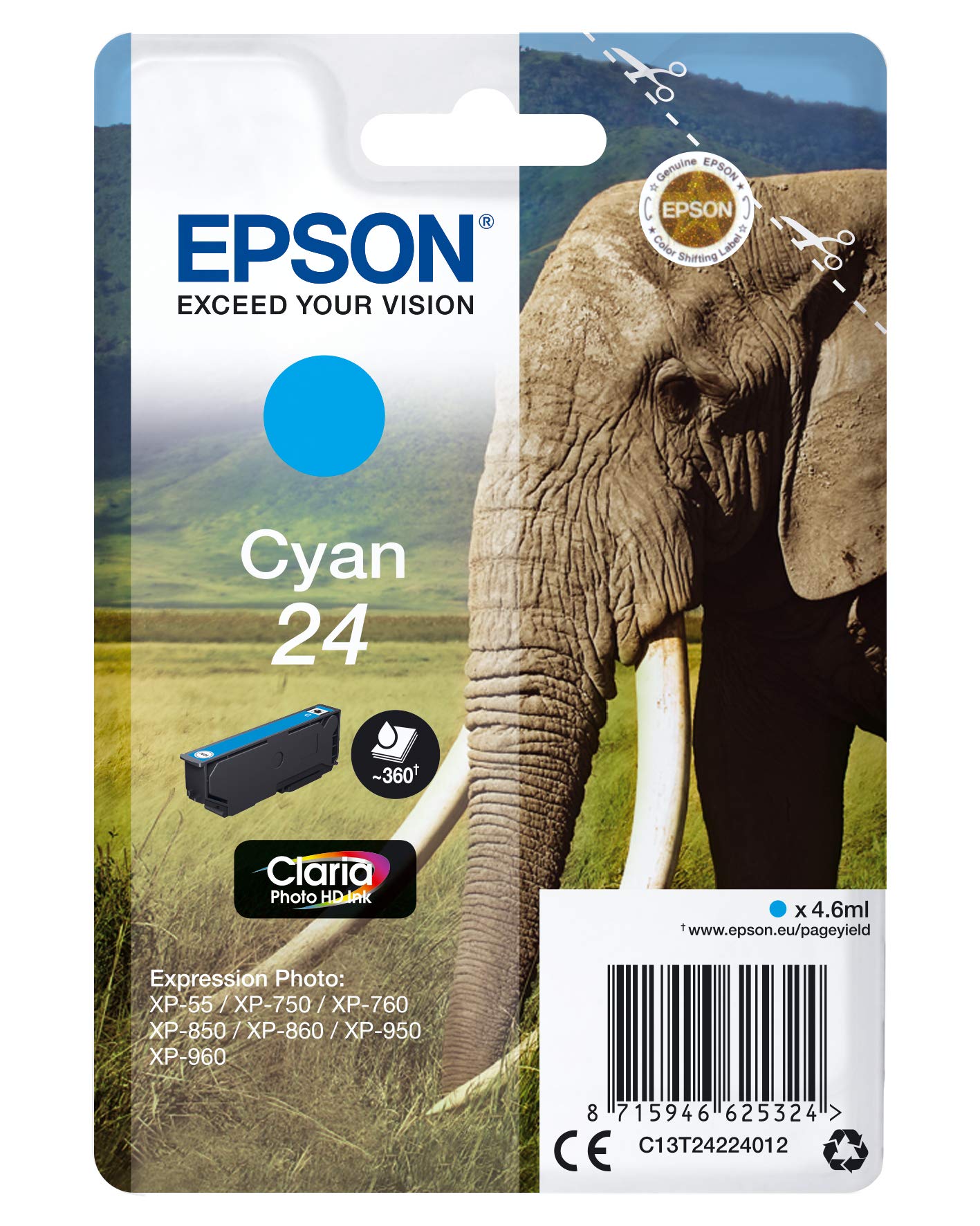 Epson 24 Cyan Elephant Genuine, Claria Photo HD Ink Cartridge