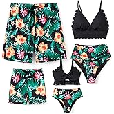 Family Matching Solid Scallop Trim Strappy Two-Piece Swimsuit and Allover Floral Print Swim Trunks Shorts