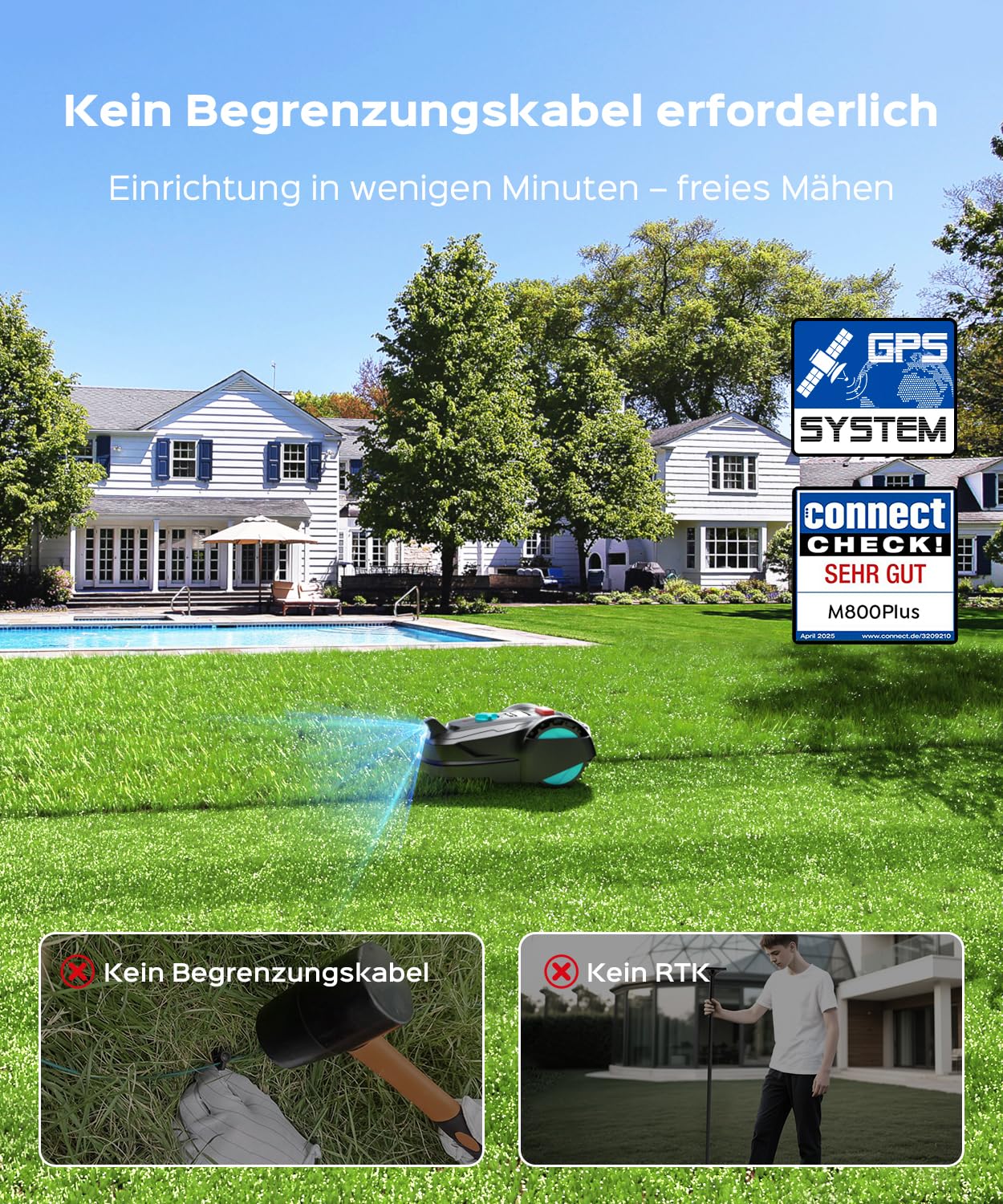 YARDCARE M800Plus Mähroboter ohne Begrenzungskabel,GPS Positionierung,Empf.800m²,KI Vision,U-förmiger Schnitt,Rasenmäher Roboter ohne Kabel, Smarte Hinderniserkennungen,App（Dunkelschwarz und Weiß） 3