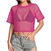 Women's Mesh Top Fishnet T Shirts Sheer Loose Short Sleeve See Through Crop Tops
