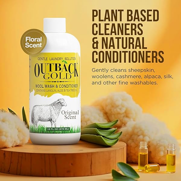 OUTBACK GOLD WOOL WASH, 16 OZ, ORIGINAL FLORAL SCENT, PLANT BASED, HE COMPATIBLE, LIQUID LAUNDRY DETERGENT, PERFECT SOAP FOR WOOL, CASHMERE, SILK, SHEEPSKIN, BABY ITEMS, MILD, NEUTRAL PH, MADE IN USA