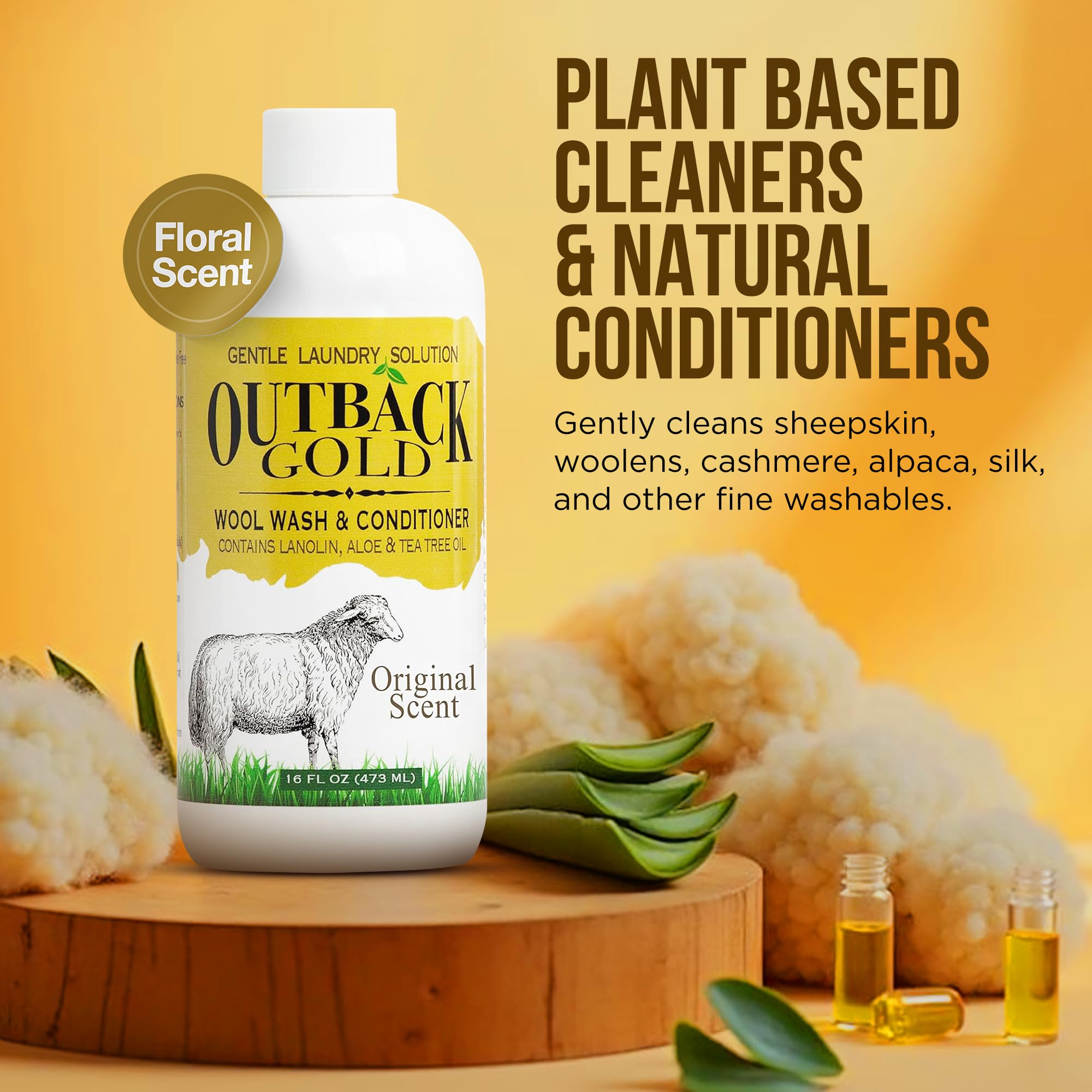 Outback Gold Wool Wash, 16 oz, Original Floral Scent, HE Compatible, Plant Based, Liquid Laundry Detergent, Perfect Soap for Wool, Cashmere, Silk, Sheepskin, Baby Items, Mild, Neutral pH, Made in USA