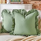 AmHoo Pack of 2 Throw Pillow Covers 100% Cotton Pre Washed Ruffle Decorative Pillowcase Cushion for Couch Sofa Bedroom 18 x 18-Inch Sage Green