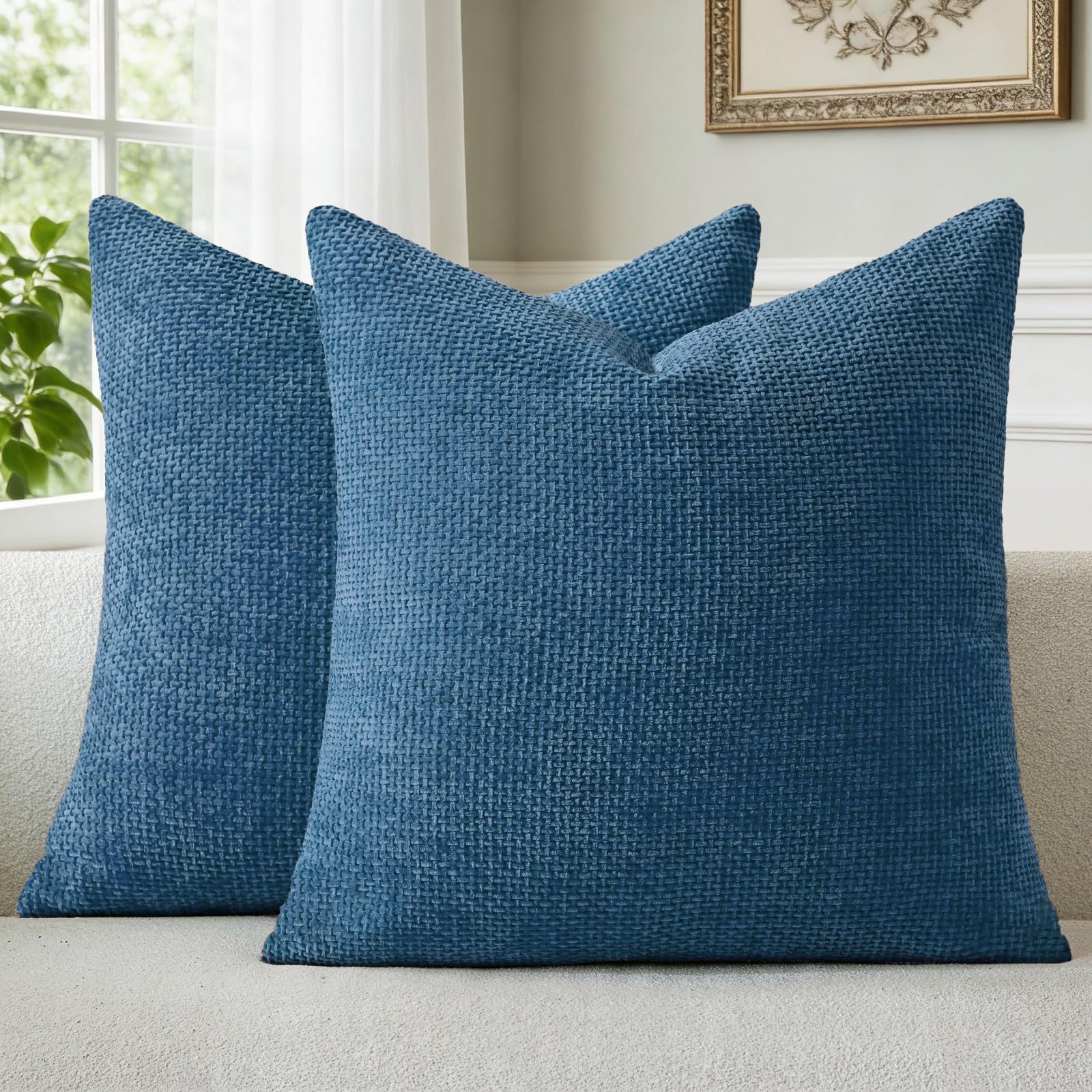 a moment Ocean Blue Chenille Throw Pillow Covers 24x24 Inch Pack of 2 Modern Decorative Throw Pillow Cases Farmhouse Cross Covers Home Decor for Sofa Bedroom Living Room