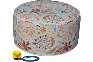 Kozyard Inflatable Ottoman Stool - Portable Round Pouf for Indoor/Outdoor Use - Perfect Small Foot Rest or Seating for Kids and Adults - Ideal for Camping or Home (Abstract Warm)