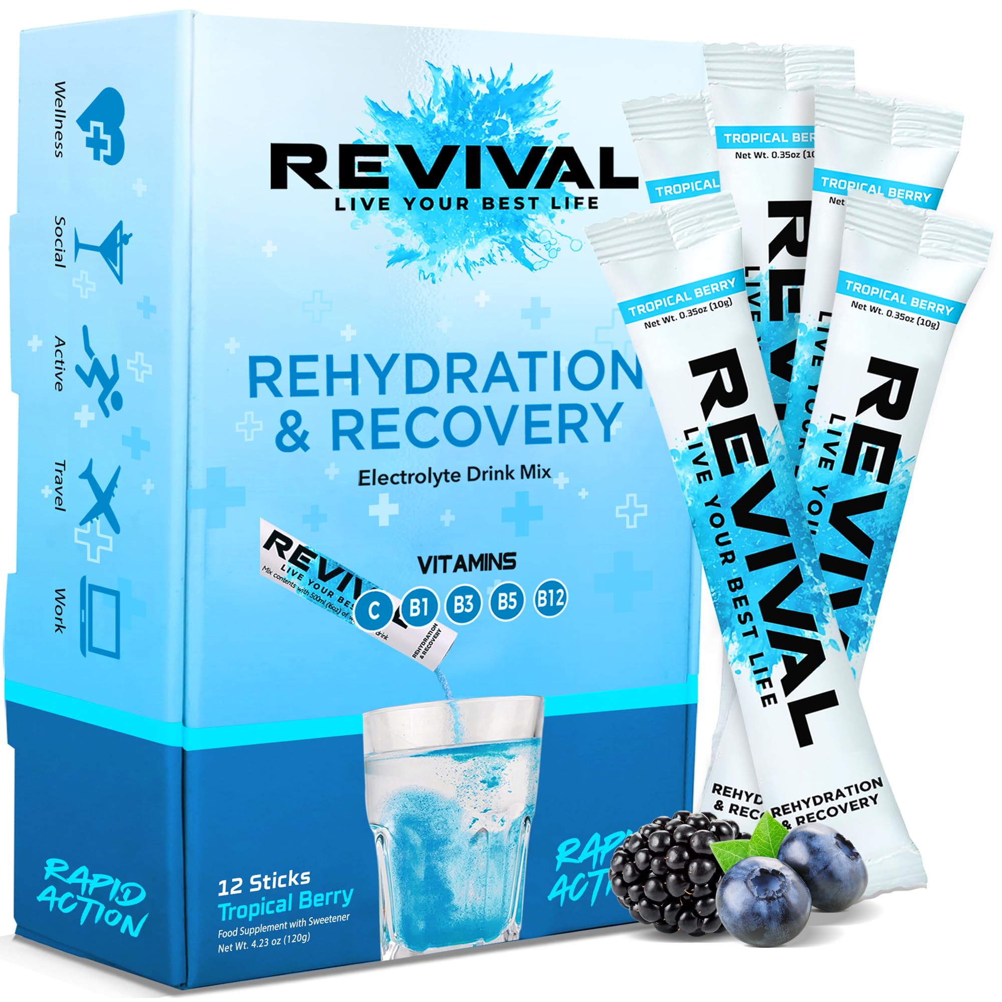 Revival Rapid Rehydration, Electrolytes Powder - High Strength Vitamin C, B1, B3, B5, B12 Supplement Sachet Drink, Effervescent Electrolyte Hydration Tablets - 12 Pack Tropical Berry