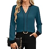 Fayenne Womens Tops Dressy Casual V Neck Color Block Business Casual Blouses Long Sleeve Work Shirts Fall Trendy Clothes
