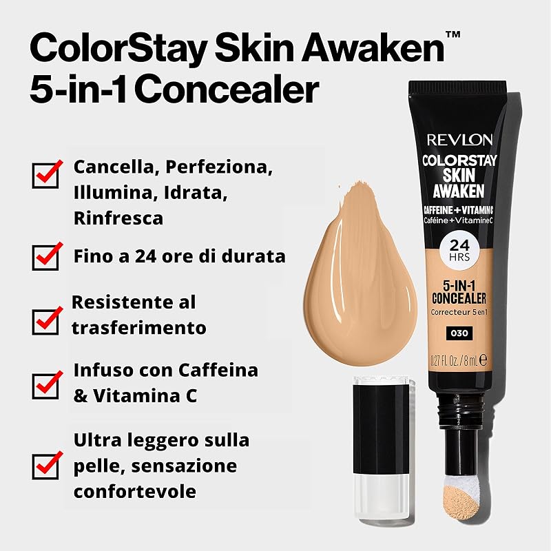 ColorStay Skin Awaken 5-in-1 Concealer, Correttore Viso Leggero e Cremoso a Lunga Durata con Caffeina e Vitamina C, per Imperfezioni, Occhiaie e Arrossamenti, 030 Light Medium