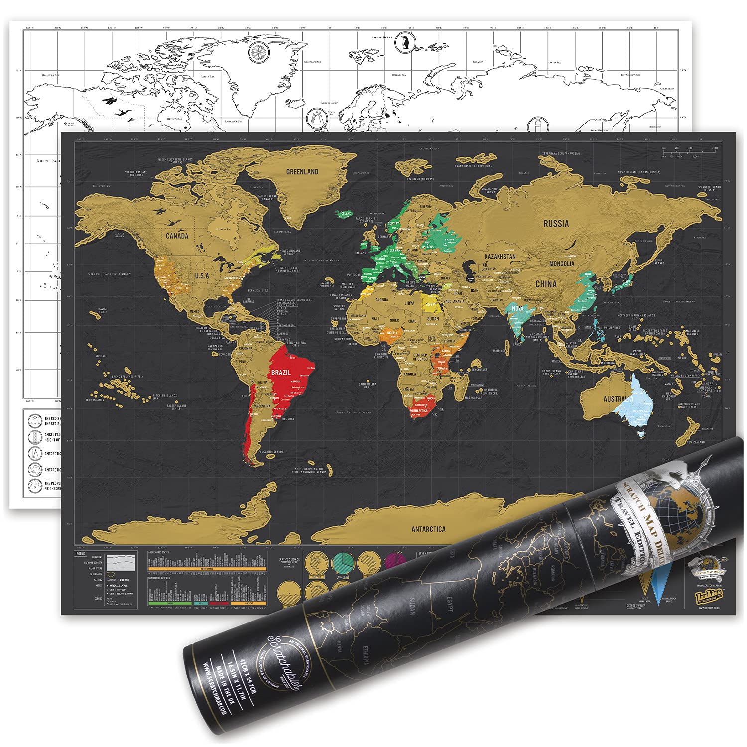 Luckies Scratch Map | Scratch Off World Map | Travel Frame | Wall Scratchable Maps | Countries Visited Maps | Rub Off Poster | Europe & US States Scratchable | Tube Included | Deluxe Travel Size