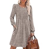 OFEEFAN Long Sleeve Dress for Women Pleated Crew Neck Casual Babydoll Sweater Dress with Pockets Fall Outfits Fashion