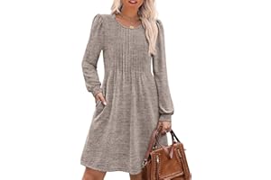 OFEEFAN Long Sleeve Dress for Women Pleated Crew Neck Casual Babydoll Sweater Dress with Pockets Fall Outfits Fashion