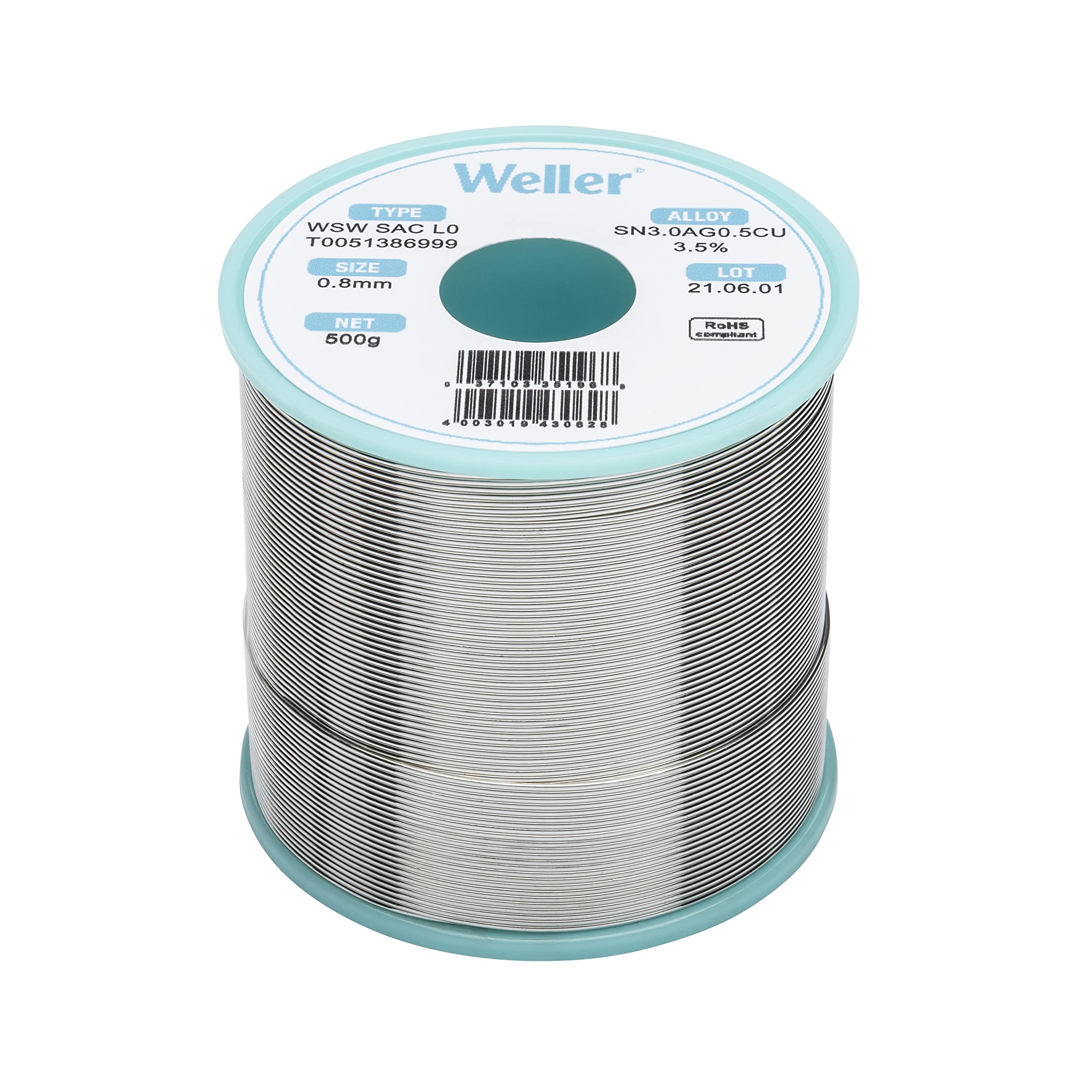 Weller WSW SAC L0 (T0051386999) Lead Free Solder Wire, Ø 0.8mm, Alloy Sn96.5Ag3.0Cu0.5, Flux content 3.5%, 500g