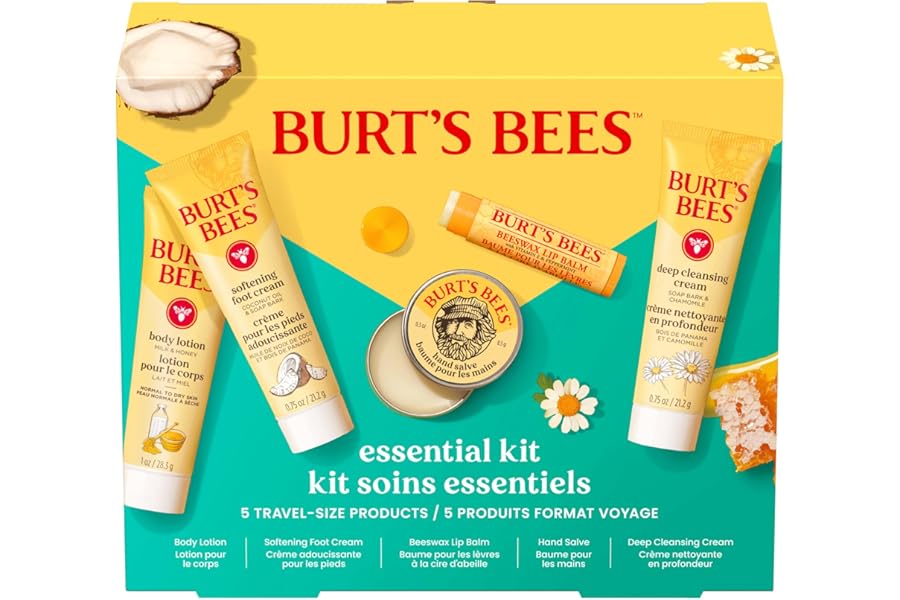 Burt’s Bees Christmas Gifts – Essentials Everyday Set, 5 Travel Size Products for Stocking Stuffers – Deep Cleansing Cream, Hand Salve, Body Lotion, Foot Cream and Original Lip Balm