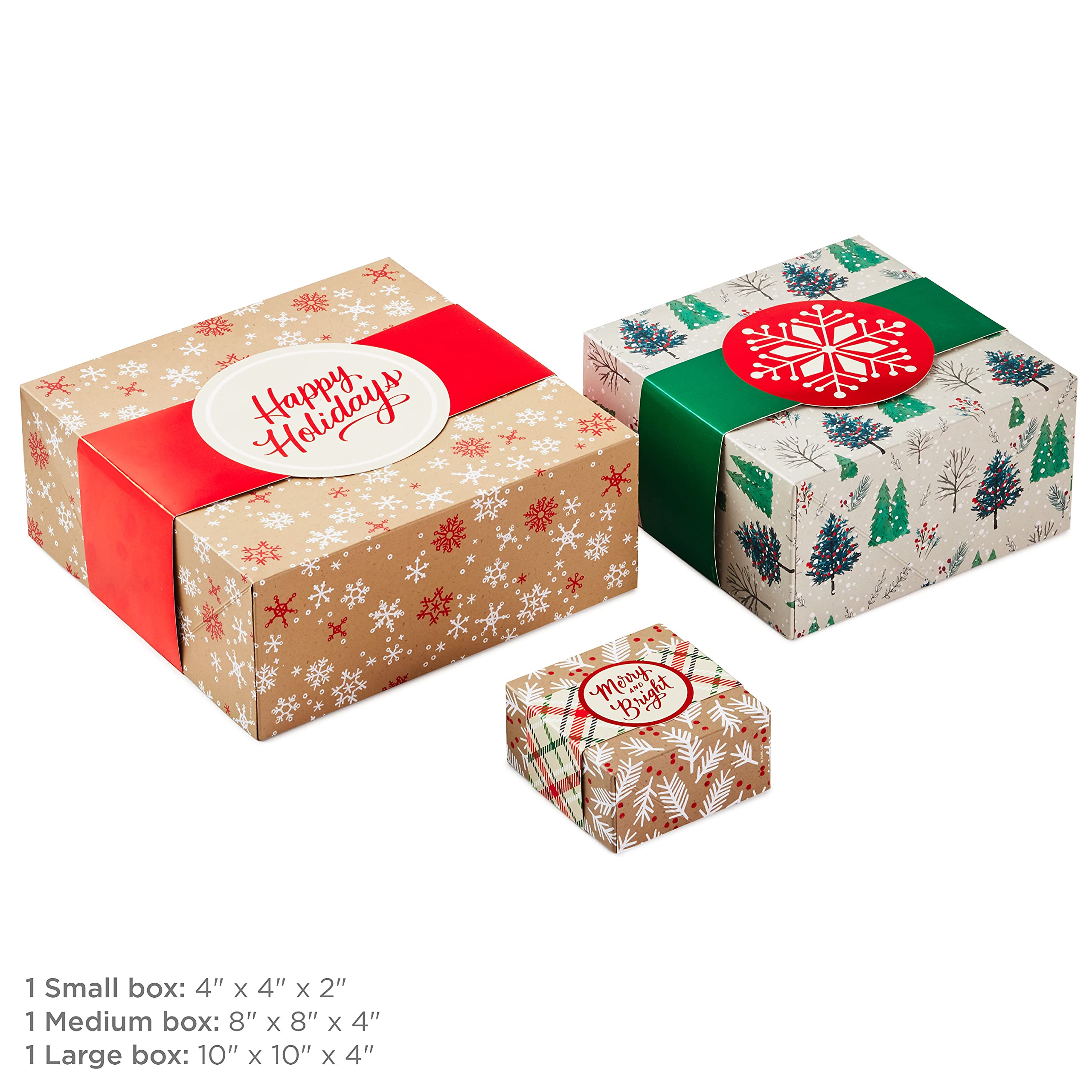 Hallmark Holiday Gift Boxes 3-Pack Assorted Sizes (Snowflakes, Christmas Trees, Plaid) for Hostess Gifts, Christmas Parties, Wrapped Treats
