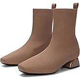 Buyrew Ankle Boots for Women Low Heel Booties Square Toe Sock Knit Chunky Winter Slip On Shoes