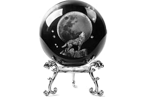 JFTOSALE 60mm 3D Laser Wolf with Moon Crystal Ball Paperweight Wolf Gifts for Wolf Lovers Glass Decorative Balls Decor for Home Table, Clear