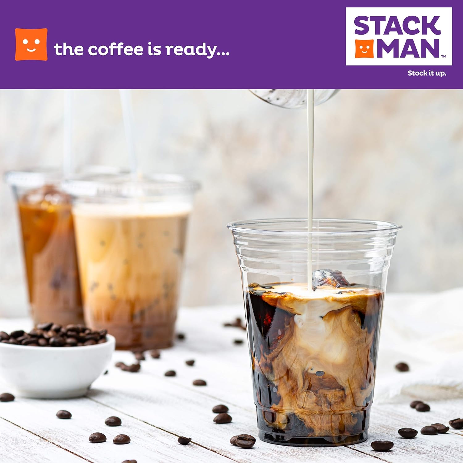 Stack Man [100 Sets - 16 oz.] Clear Plastic Cups with Straw Slot Lid, PET Crystal Clear Disposable 16oz Plastic Cups with lids: Kitchen & Dining