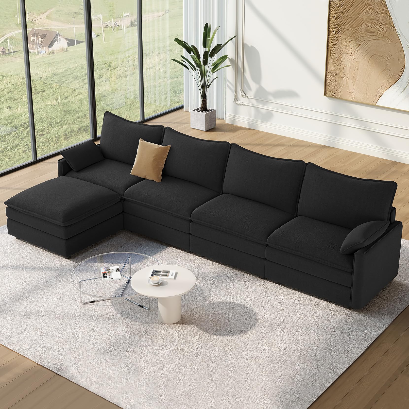 Photo 1 of Vesgantti 142" Cloud Couch Sectional Modular Sofa, Comfy Sectional Couch with Ottoman Deep Seat Chenille L Shaped Sofa, Modular Couches for Living Room, Bedroom and Apartment, Black