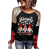 Women Christmas Sparkly Sequin Raglan Sparkle Shirts Long Sleeve Sweatshirts Buffalo Plaid Hanging with My Gnomies L