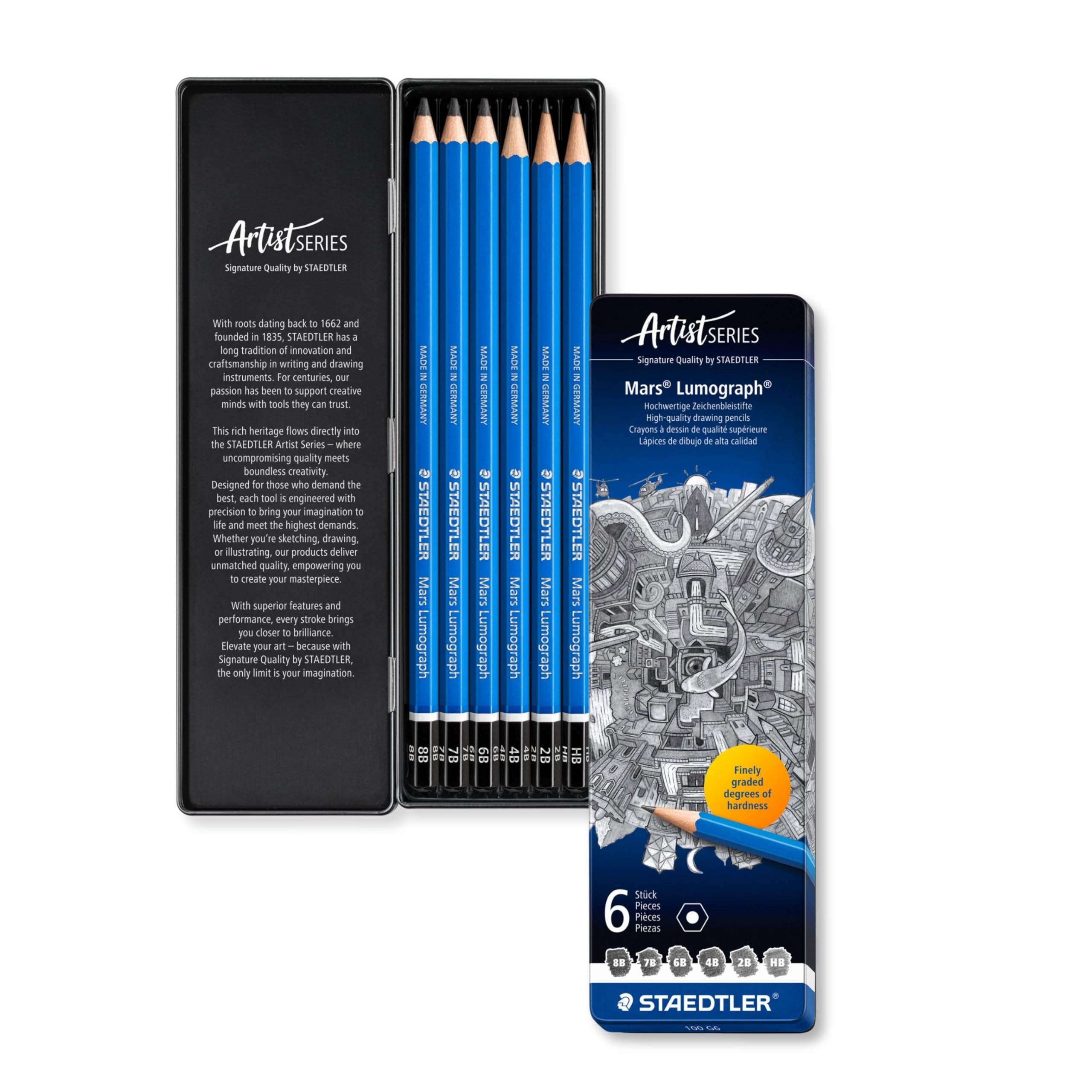 STAEDTLER 100 G6 Mars Lumograph Graphite Pencils for Drawing & Sketching - Assorted Degrees, 8B-HB (Tin of 6)