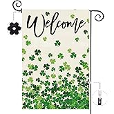 Baccessor St Patricks Day Garden Flag 12.5 x 18 Inch, Lucky Shamrocks Clover Double Sided Burlap Welcome Small Yard Flag Holiday Lawn Proch Outdoor Outside Decor