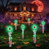 Halloween Decorations Outdoor, 2 Pack Halloween Skeleton Hands Decorations | Realistic Skeleton Hands &amp; Arms with Eye &amp; Spiders, Waterproof Battery Scary Eyeball Lights Green for Garden Yard Walkway