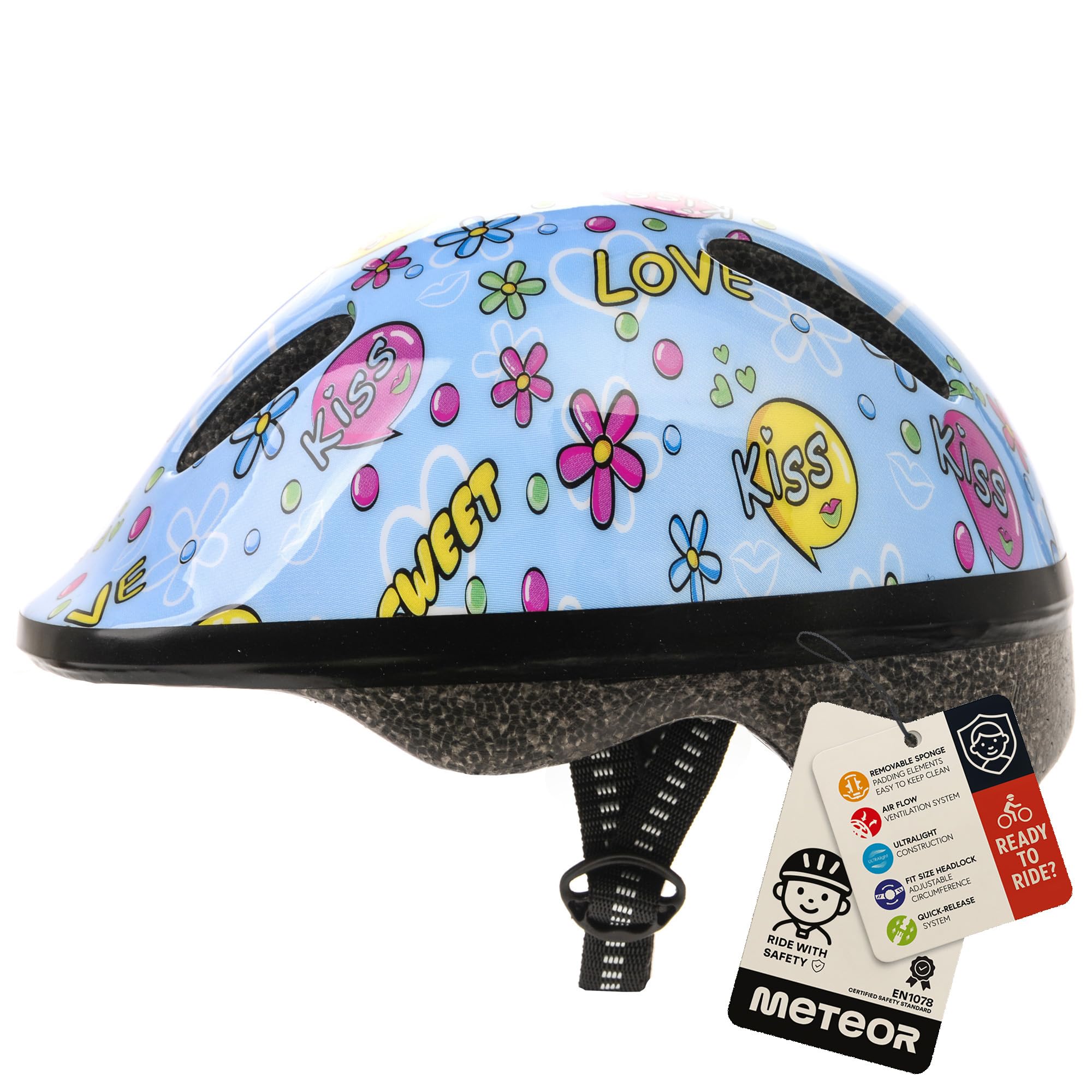 Meteor Kids Bike Helmet Kiss XS 44-48 cm, Toddler & Child Cycling Helmet, Lightweight Adjustable Scooter & Skate Helmet with Airflow Vents, Washable Padding, Safety Head Protection