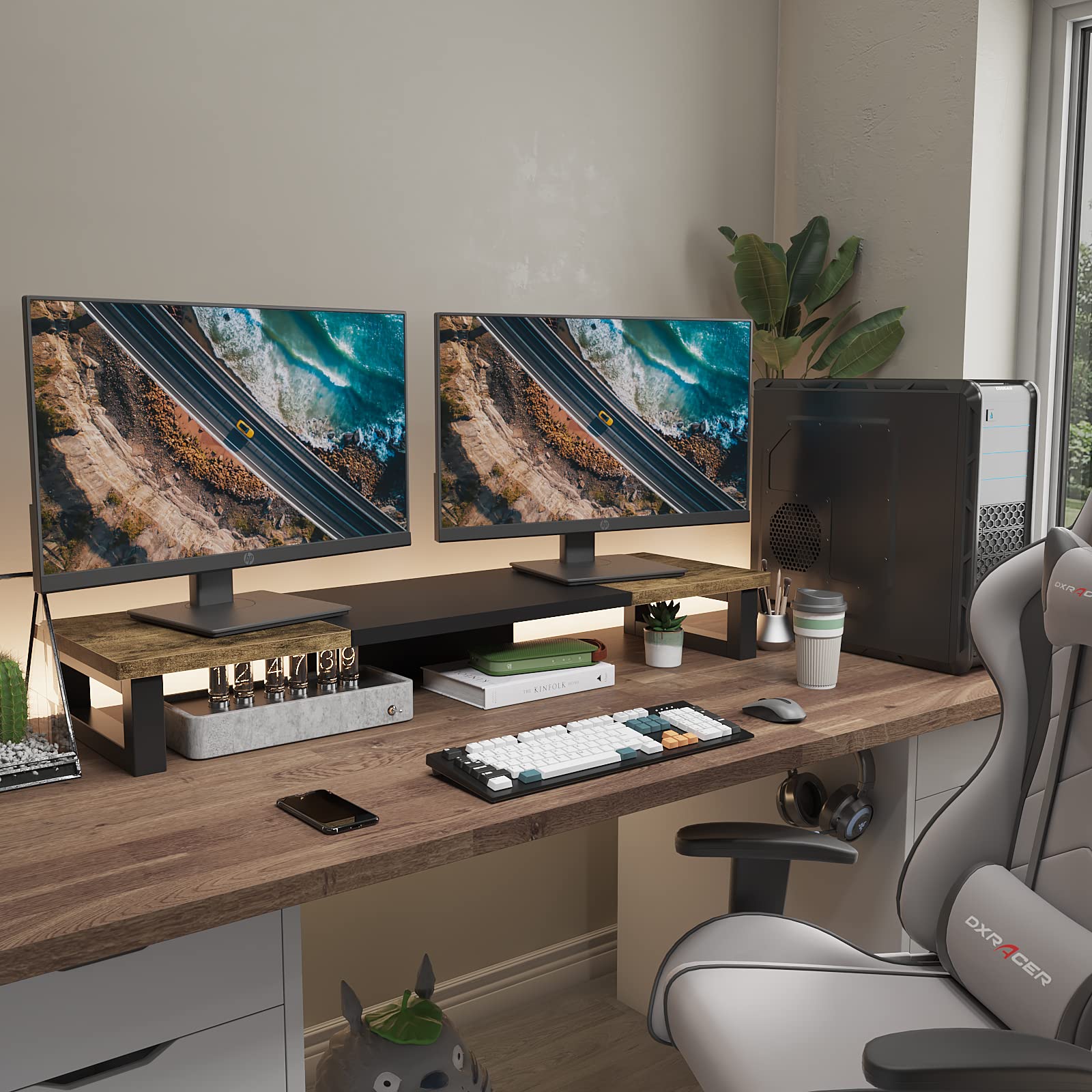 WESTREE Dual Monitor Stand Riser, Wood and Steel Monitor Stand Riser, Computer Monitor Stand for 2 Monitors, Multi-Purpose Desktop Storage Stand for Computer,Laptop,Printer,TV - Image 5