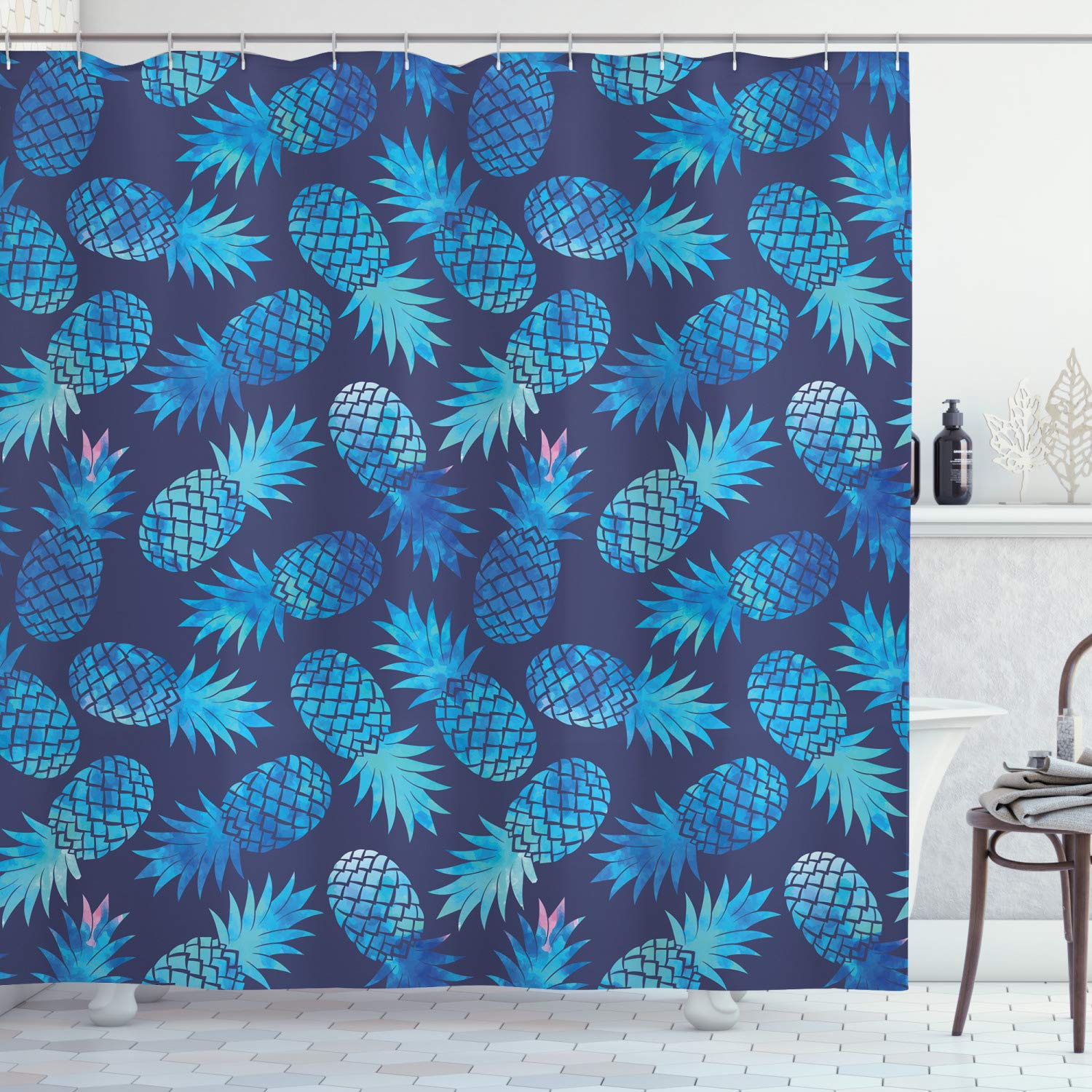 ABAKUHAUS Modern Shower Curtain, Pineapple Pattern Exotic Fruit in Digital Watercolor Illustration, Cloth Fabric Bathroom Decor Set with Hooks, 175 x 240 cm, Night Blue Turquoise