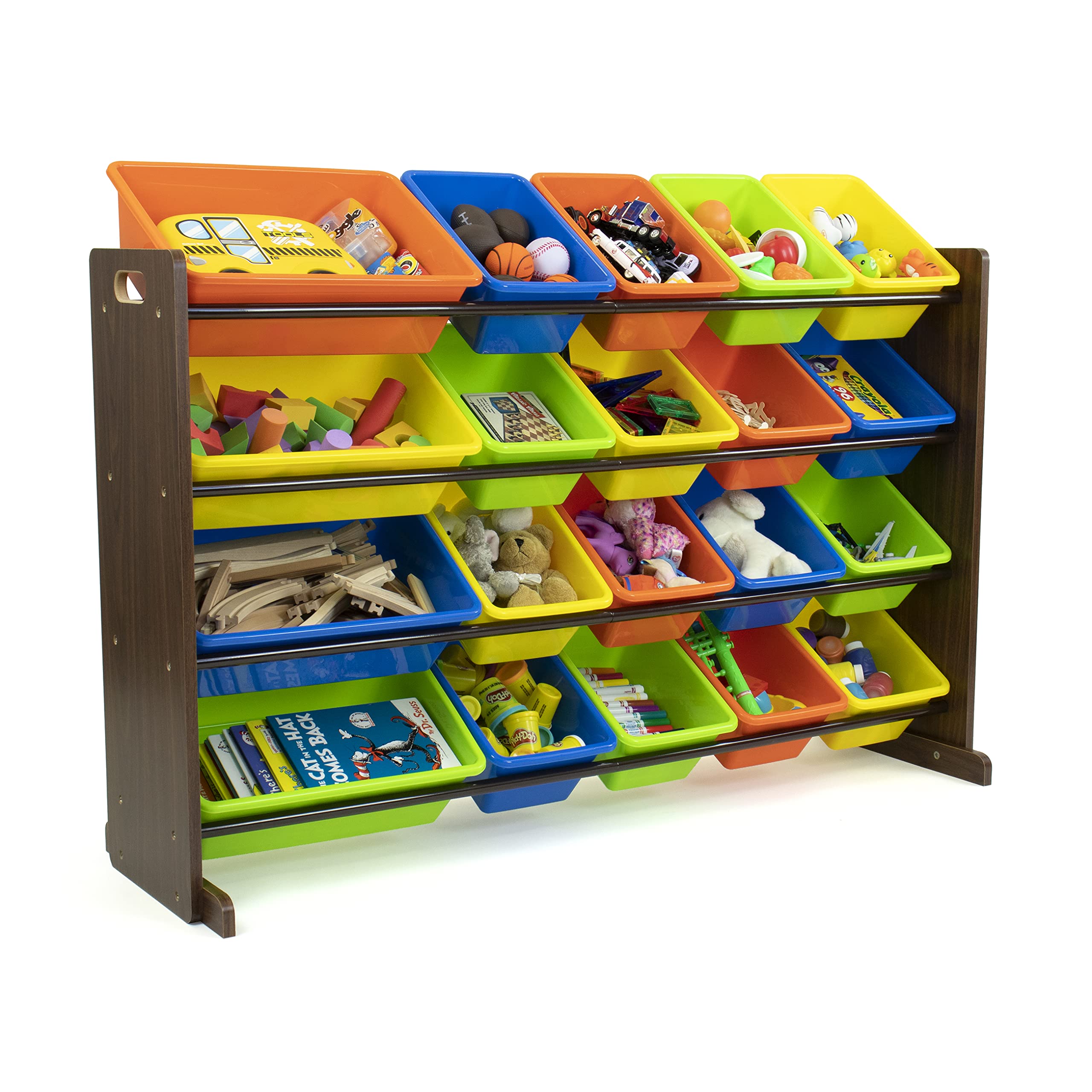 Humble Crew Extra-Large Toy Organizer with 20 Plastic Bins – Dark Walnut/Neon Storage Rack with 4-Tier Shelves, Anti-Tip Safety, for Kids’ Rooms, Playrooms, Nurseries & Classrooms Image