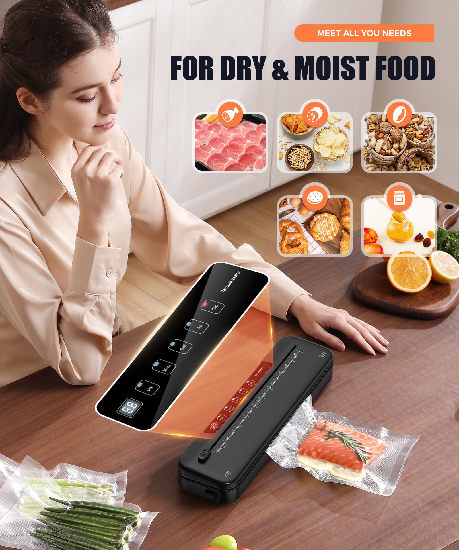 Vacuum Sealer Machine for Food Preservation, 6-in-1 Food Sealer for Freshness Storage, 75kpa Compact Vacuum Sealing Machine with External Sliding Blade, Digital Countdown Timer Titanium Black