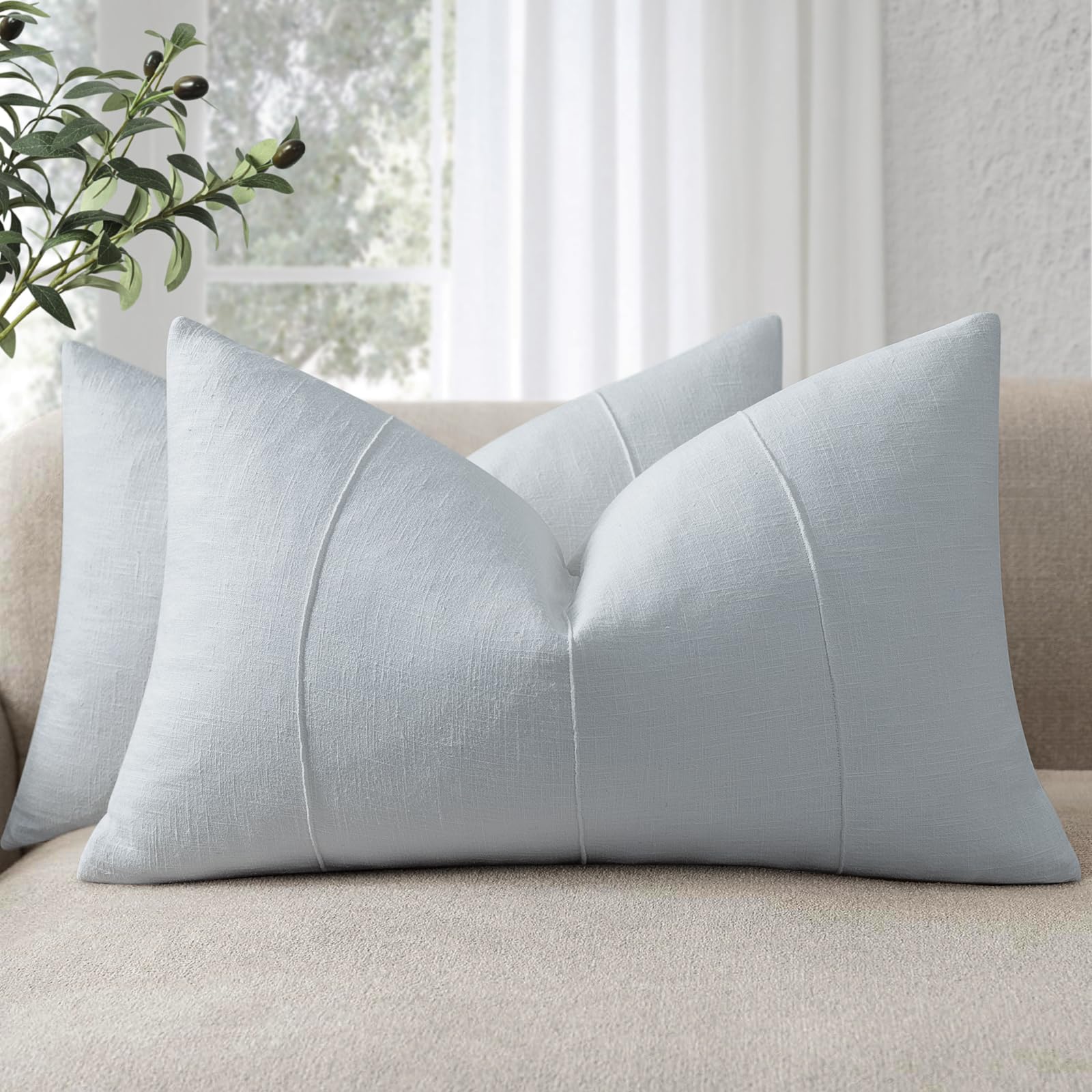 View 1 of 12x20 Pillow Covers Set of 2 Decorative Linen Lumbar Pillow Covers Solid handcrafted Striped Cushion Covers for Bed Soft Modern Farmhouse Neutral Pillowcase for Couch Bedroom Living Room (Sky Blue)