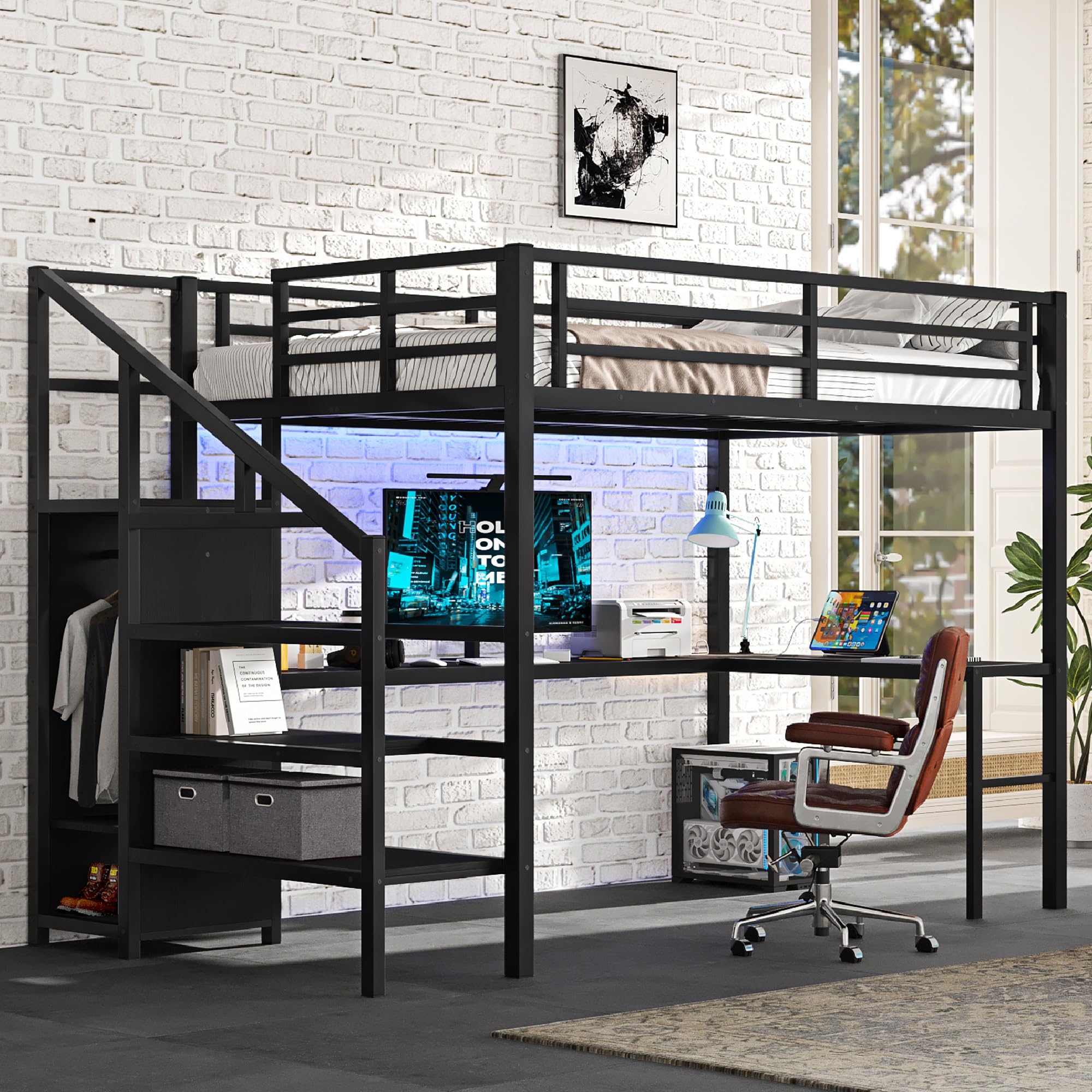 View 1 of **PARTS ONLY/SEENOTES** Bellemave Full Size Metal Loft Bed with L Shaped Desk and Wardrobe, Heavy Duty Loft Bed Frame with Storage Stairs, LED Loft Bed Frame with Charging Station & Safety Guard, Space Saving Loft Bed, Black