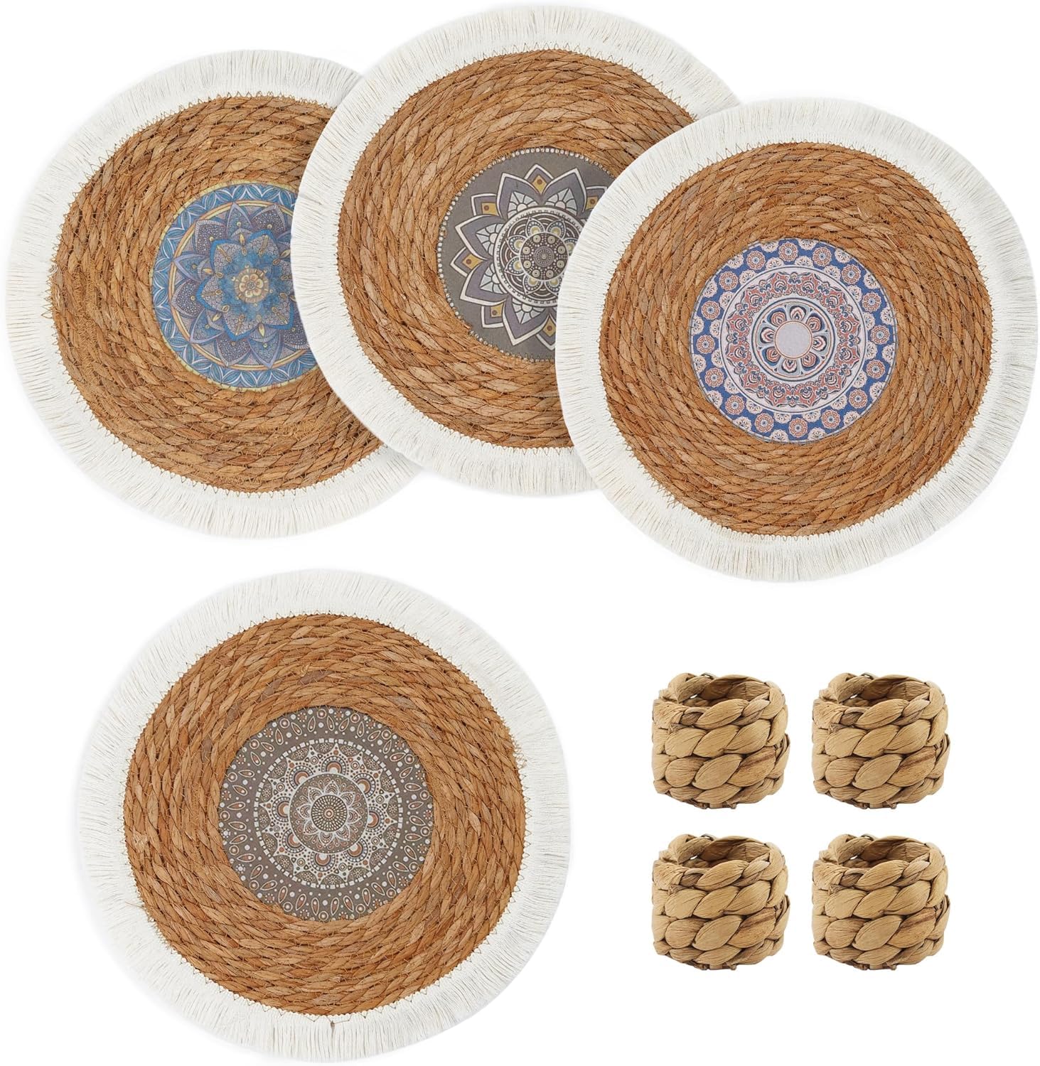 fanquare Bohemian Table Mats Set of 4 Rattan Braided Placemats and Napkin Rings Round Table Mats with Tassels Heat Resistant Washable Non-Slip Tablemats for Dining Kitchen Table Decoration 35cm