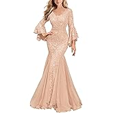 Miusol Women's Deep V Neck Sequin Lace Mesh Tulle Hem Formal Evening Maxi Dress