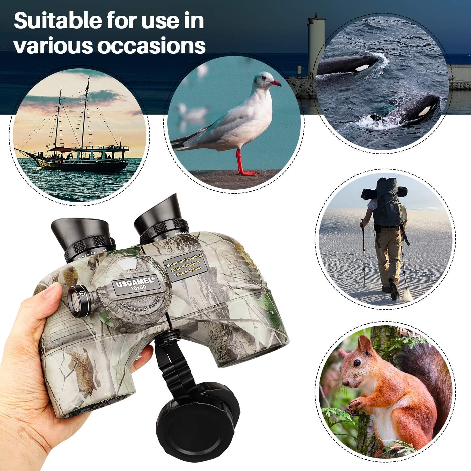 USCAMEL 10x50 Marine Binoculars for Adults, Waterproof Binoculars with Rangefinder Compass，BAK4 Prism FMC Lens Binoculars with Tripod Adapter for Navigation Bird Watching Hunting : Camera & Photo