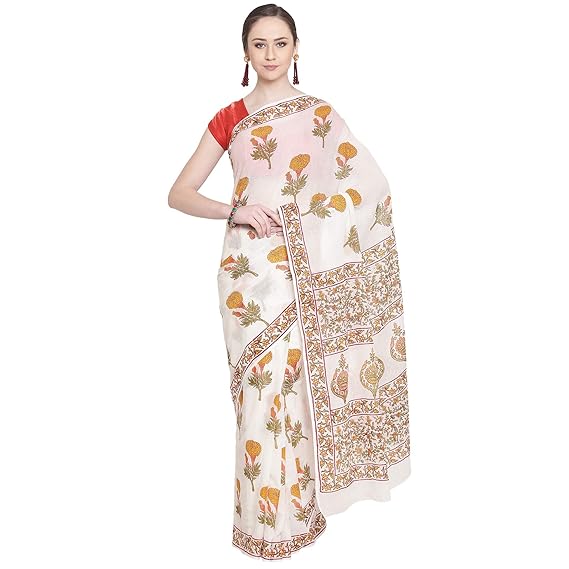 Off-White & Mustard Yellow Hand Block Print Handcrafted Cotton Saree BAPASA0085
