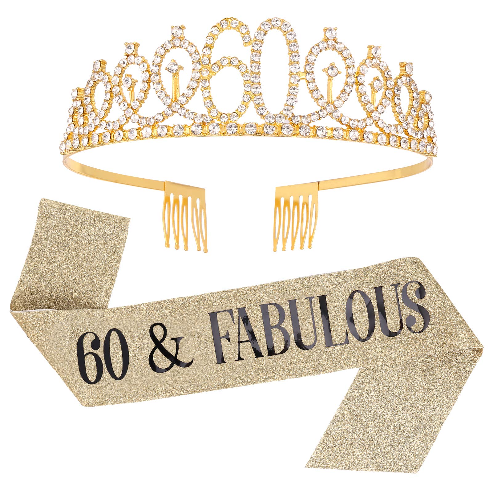 SUSSURRO "60 and Fabulous Sash and Rhinestone Tiara Set,60th Birthday Gifts Birthday Sash for Women Birthday Party Supplies( Gold)