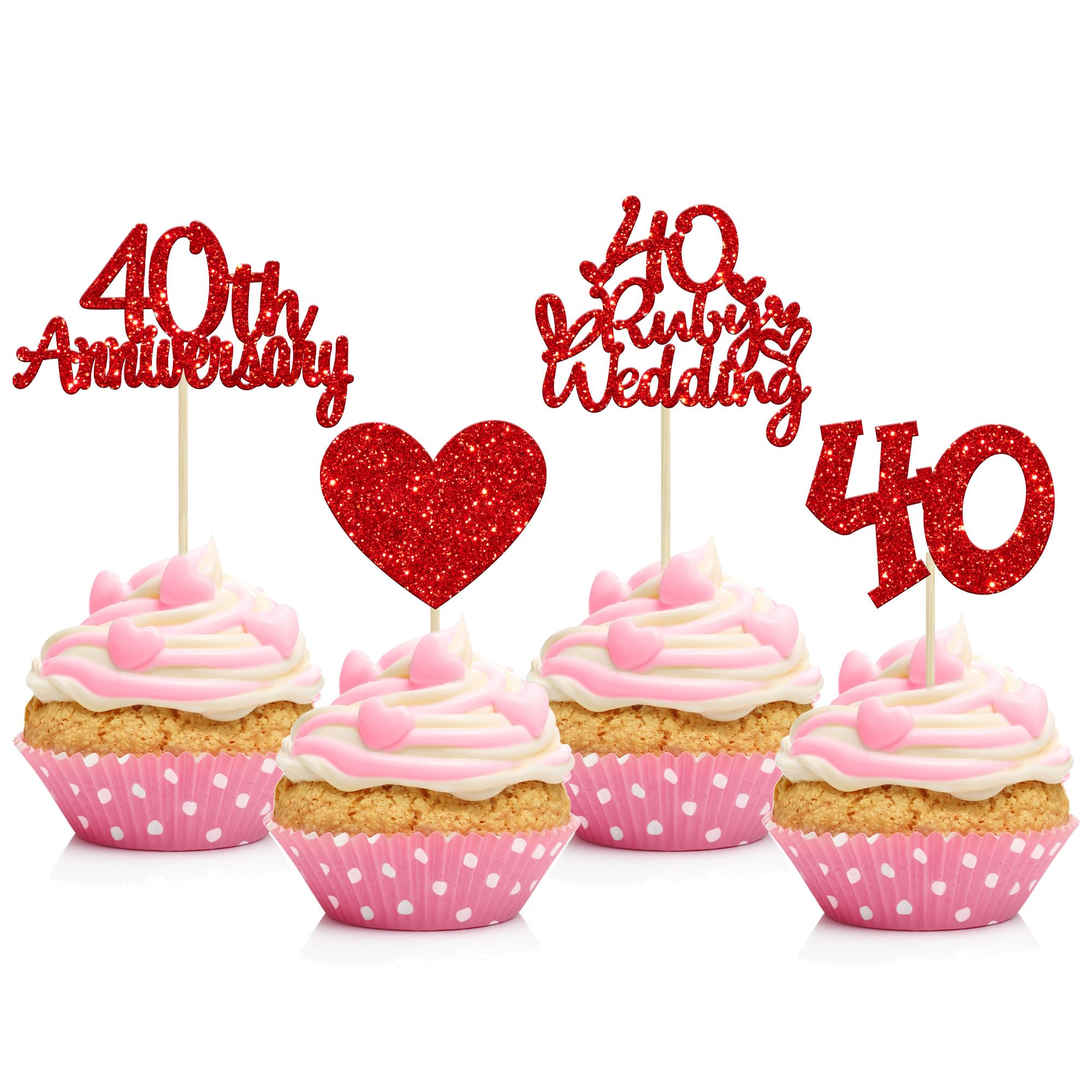 Gyufise 24Pcs 40th Anniversary Cupcake Toppers Heart Cake Toppers Ruby Wedding Anniversary Heart Cake Decoration for 40 Years and Love Celebration Party Supplies
