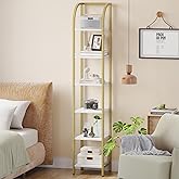 Hzuaneri Bookshelf Bookcase Narrow Bookcase Shelf Organizer with Steel Frame for Study Living Room Bedroom Kitchen Home Office Industrial Bookshelf 6-Tier White Gold BC56013A