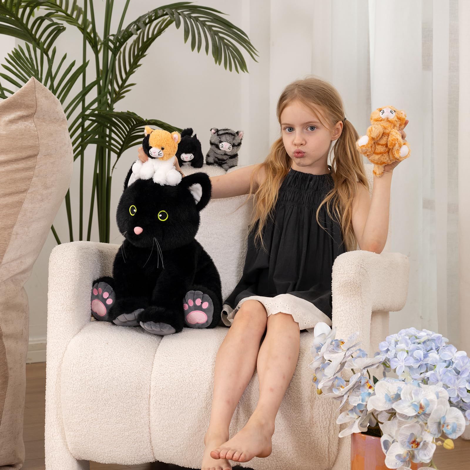 MorisMos 5 stücke Plüsch Katzen, 40cm hoch riesen schwarz Katze Kuscheltier XXL mit Kätzchen Baby im Bauch, Groß Katze Plüschtier Stofftier, weich Geburtstag Weihnachten Geschenk Kinder 9
