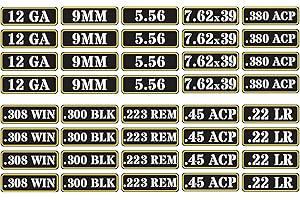 Aolamegs Ammo Can Vinyl Sticker Set Decal Label for Cans Cases Boxes .22 .223 .308 9MM .380 .45 5.56 7.62 12GA 300BLK (40 Pack/10 Varieties)
