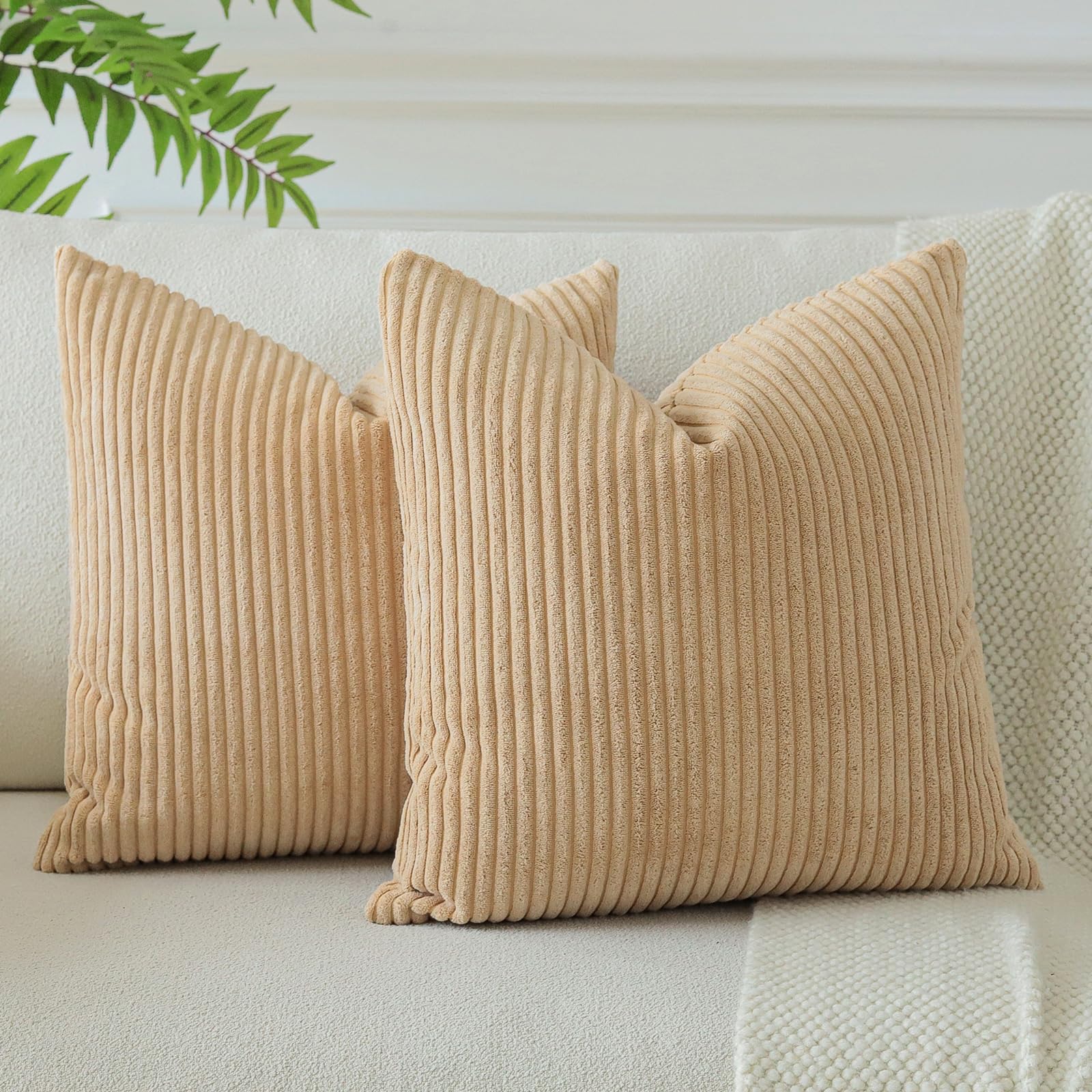 JOTOM Set of 2 Corduroy Soft Striped Cushion Covers 45x45 cm Boho Decorative Throw Pillow Covers Square Cushion Case Pillowcases for Couch Sofa Bedroom Chair Home Decor 18x18 Inch (Light Brown) — image 1