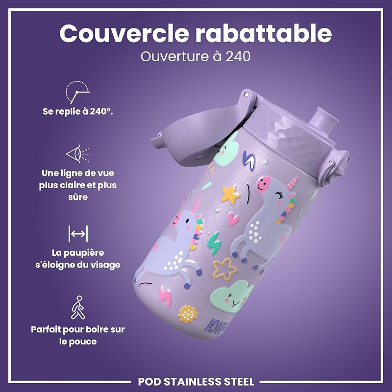 Gourde Enfant, Inox Léger, 400ml, Non Isolé, Anti-Fuite, Facile à Ouvrir, Verrouillage Sécurisé, Lavable au Lave-Vaisselle, Poignée de Transport, Acier Inoxydable, Licornes Violet