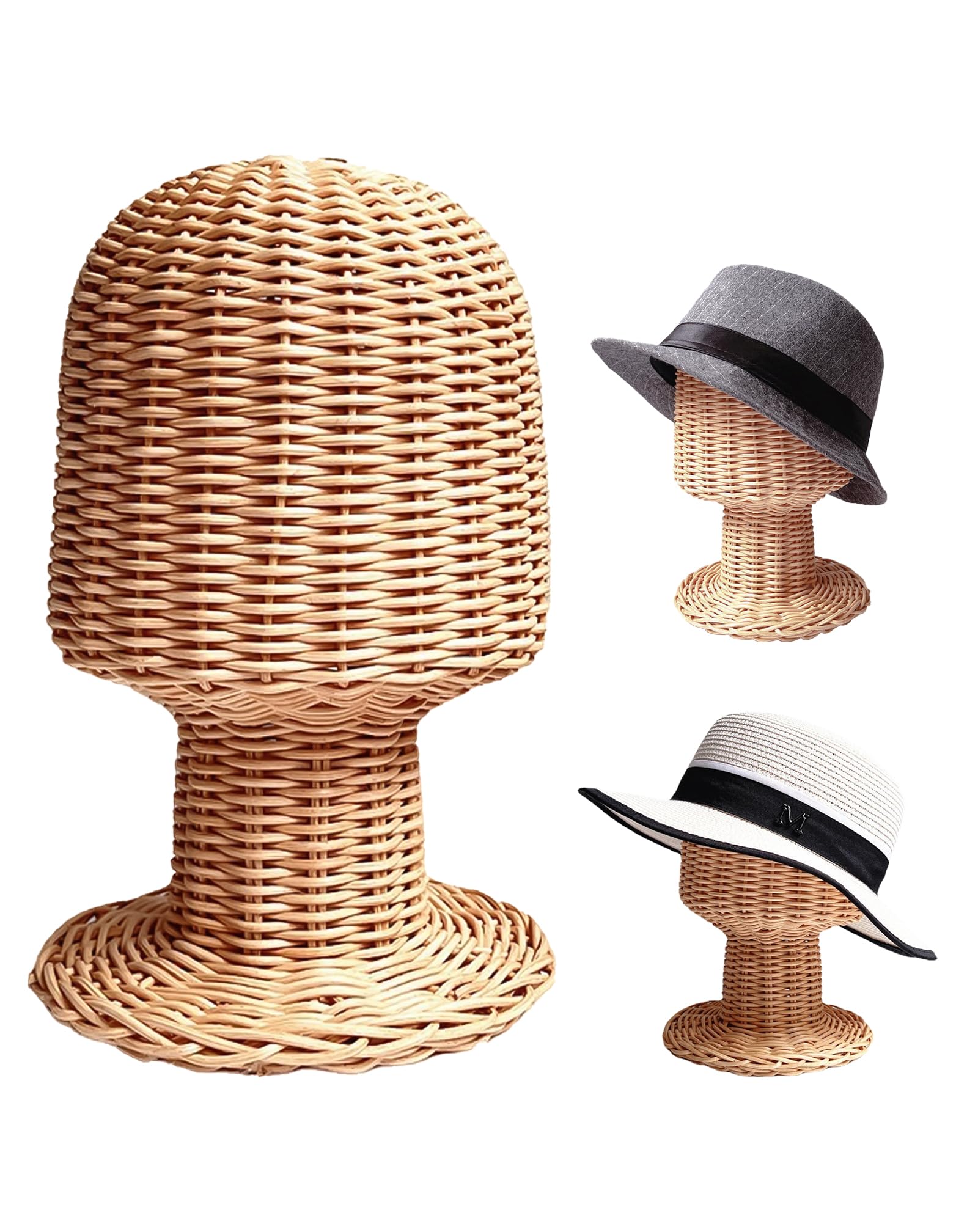 TINGSING Rattan Mannequin Head Stand Hat Wig Display Holder, Hair Stylist Demo Cap Rack, Handmade Wicker Showcase, Unique Vine Woven Design for Home, Hair Salon, Stable Round Base, Tall 10.6inch