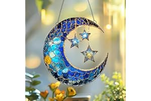 Blue Crescent Moon Stars Acrylic Suncatcher with Hanging Chain, Celestial Window Decor for Home, Patio, Garden,Ideal Present 