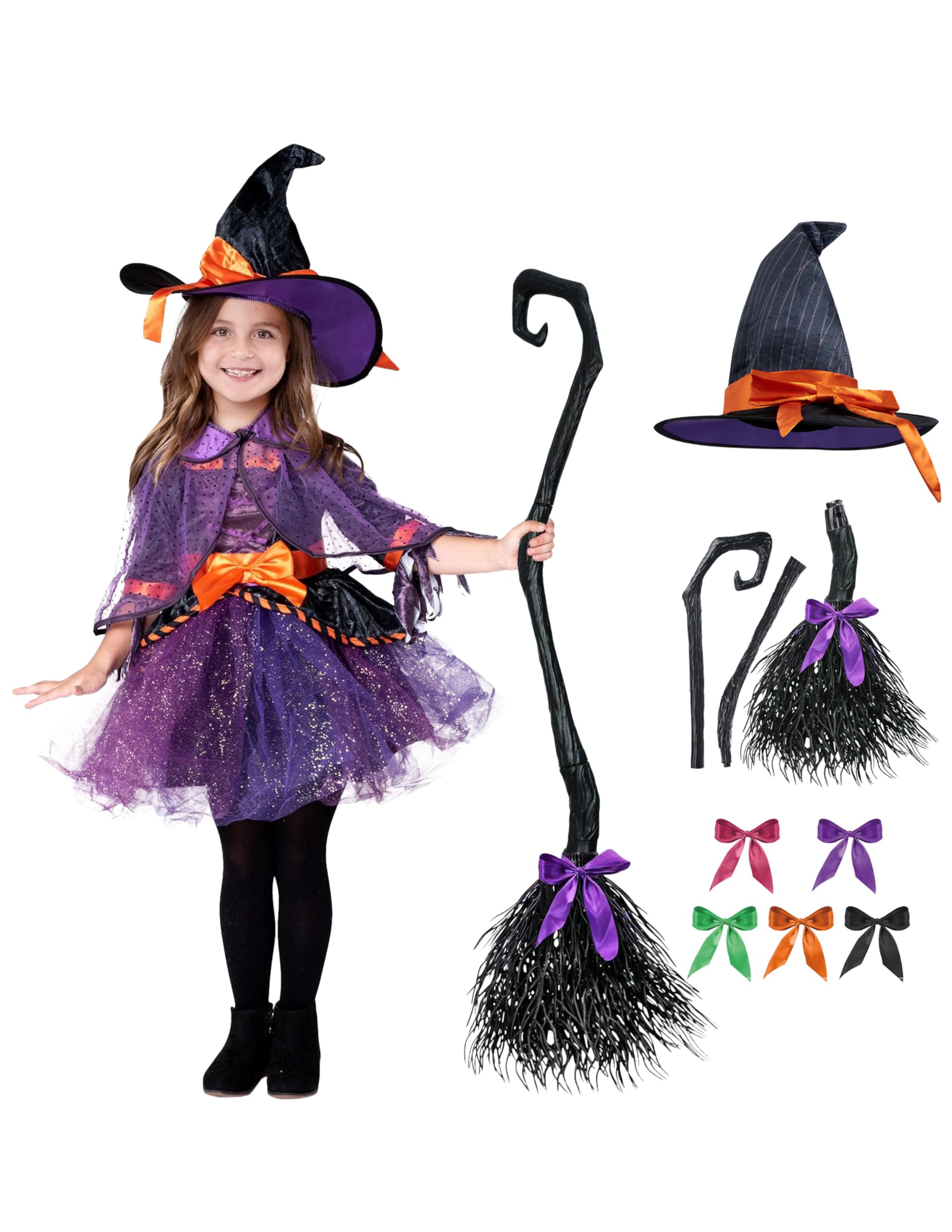 Photo 1 of Spooktacular Creations Child Girl Orange Purple Witch Costume, Toddler Witch Outfit Set with Broom for Kids Halloween Dress Up Parties (Large(10-12 yr))
