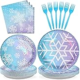 Grencian 96PCS Snowflake Party Decorations Blue Frozen Snowflake Plates and Napkins Disposable Winter Onderland Tableware Set for Winter Baby Shower Birthday Party Supplies, Serves 24