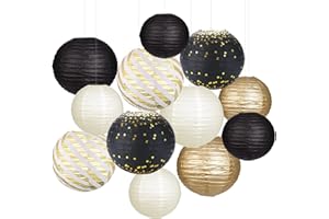 ZILUE Paper Lanterns Party Decorations, 12pcs Black Gold Round Hanging Paper Lanterns for Birthday Party Graduation Anniversary New Years Party Decor (Black/Gold)